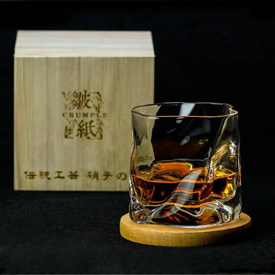 Verre à whisky japonais Papier Froissé avec coffret bois calligraphié et sous-verre