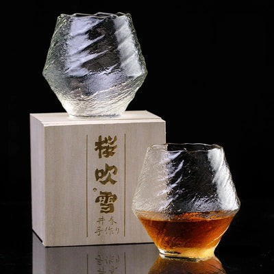 Deux verres à whisky japonais Flocon Sakura Fubuki avec coffret bois calligraphié