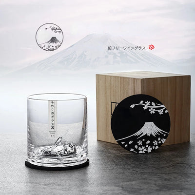 Verre à whisky japonais Iceberg avec relief 3D montagne et coffret bois Mont Fuji